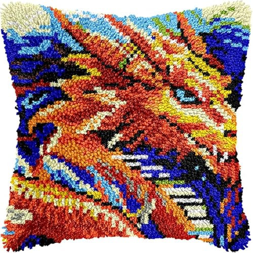 Taxpy Knüpfkissen Set, Latch Hook Kissen Kit für Anfänger Erwachsene zum Selber Knüpfen, DIY Knüpfteppich Knüpfpackung, Kissen Selber Knüpfen Set, 43x43cm(Cartoon-Drache, T)