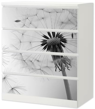 Möbelfolie Pusteblume Weiss passend für Ikea Malm Kommode 4 Schubladen | Selbstklebende Schrankfolie für glatte Schubladenfronten Klebefolie Kinderzimmer Schlafzimmer DIY Upcycling 4 Schubladen