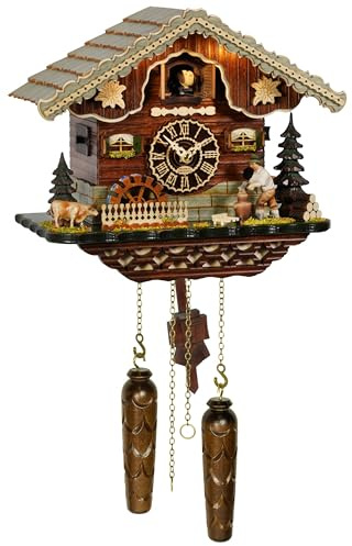 Trenkle Quarz Kuckucksuhr Schwarzwaldhaus mit beweglichem Holzhacker und Mühlrad, mit Musik und Beleuchtung