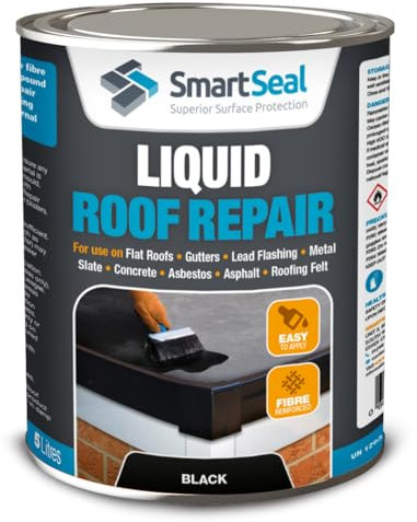 SmartSeal Liquid Roof Repair Black – 5 Litre – Liquid Roof Coating & Leak Repair Sealer for Flat Roofs, Shed Roofs, Gutters, Flashings, Metal, Concrete, Roofing Felt – Waterproof, Seamless Membrane