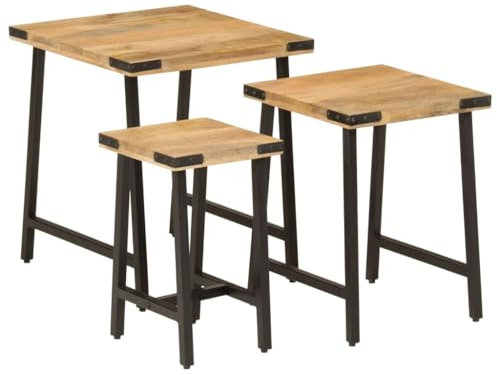 SDWEHO7 Couchtisch 3er Set, Satztische Sofatisch Wohnzimmertisch Beistelltisch, einfacher Aufbau, Massivholz Mango und Eisen
