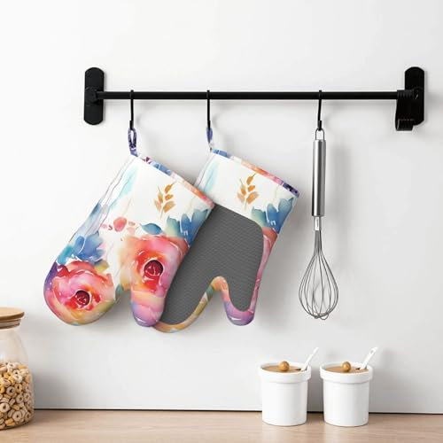 Silikon-Ofenhandschuhe, Set mit 2 Aquarell-Blumenmotiven für Damen und Herren, hitzebeständige Grillhandschuhe, wasserdicht, rutschfest, Grillhandschuhe für Küche, Kochen