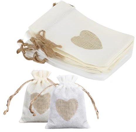 UYVPAER 10Pcs Sachets En Toile De Jute 8X10Cm Pochettes Jute En Motif De Coeur Lot De Petit Sac Avec Cordon Continir Bonbons Bijoux Boite Cadeau Dragees Pour Baptême Mariage Noël
