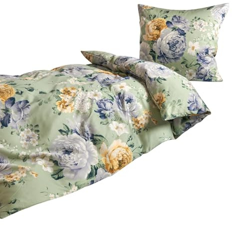 Traumschlaf Mako-Satin Bettwäsche ROSI Grün • Mako-Satin aus 100 % Baumwolle • Florales Design • Hautsympathisch & Glanzoptik • 135x200 cm + 80x80 cm