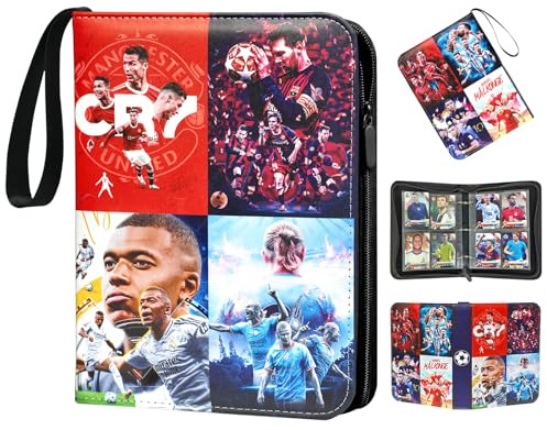Oirigaga Fussball Sammelkarten Album mit 4 Taschen 50 Seiten und Reißverschluss Tragegriff für 400 Karten, Fußball Karten Sammelalbum Sammelmappe Sammelheft, Karten Heft Ordner, Wasserdicht PU-Leder