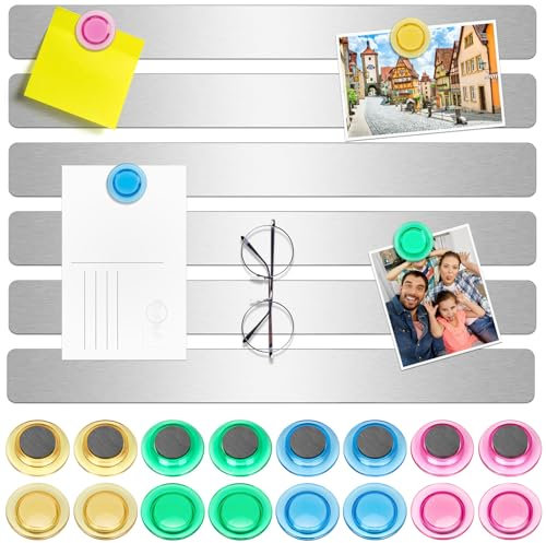 Wukong Magnettafel Memotafel, Selbstklebend Magnetleisten mit 16 Stück Whiteboard Magnete für Büro, Pinnwand, Fotowand, Dokumente und Kühlschrank (Silber, 6P)