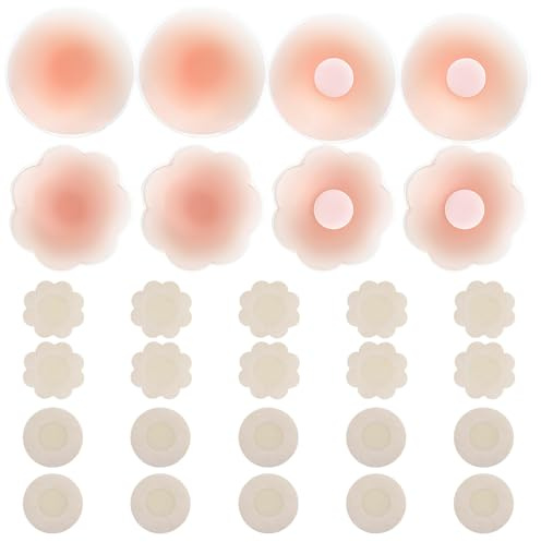 Cache Tetons Femme en Silicone Doux, 28 Pcs Cache-Tétons Adhésifs Réutilisables, Remonte Sein Adhesif Auto-Adhésif Couvre Seins Mamelons Nipple Cover（8 Silicone & 20 Tissu Non Tissé）