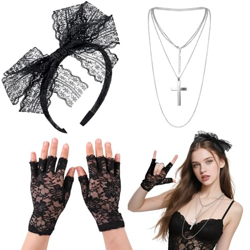 TUONYIS 3 pezzi accessori per costume da donna anni 80, accessori da donna, cerchietto con pizzo, guanti a rete, collana, vintage per feste retrò per donne, Nero