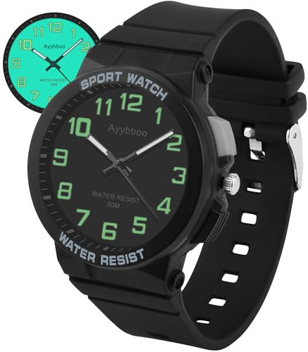 Ayybboo Kinderuhr Jungen Mädchen Analog Quarz Uhr mit Licht,Armbanduhr Kinder 50M wasserdichte Geeignet für Kinder, Jugendliche von 4-16 Jahren (Schwarz)