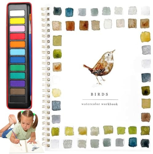 LOMUG Wasserfarben Malbuch, Aquarell Arbeitsbuch Set mit Aquarellfarben 12 Farben, Wassermalbuch für Anfänger, DIY, Kunst, Handwerk, Malzubehör, Bastelset für Kinder Erwachsene Teenager (Vögel)