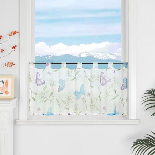 Delien Schmetterlingsdruck Scheibengardinen Blau-Lila BxH 90x45cm Transparente Bistrogardinen mit Schlaufen für Küchenfenster Landhaus Deko 1 Stück