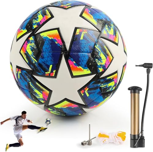JWTRSVTY 2025 Championsleague Ball, Pallone Da Calcio Champions, Taglia 5 Calcio, Pallone Da Calcio A Allenamenti e Giochi per Bambini e Adulti, Con Pompa, Ago Aria, Sacchetto Rete