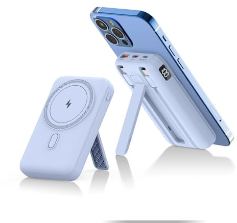 JVGoal Batterie Externe Magnétique 10000mAh 22.5W PD Charge Rapide avec Câbles Intégrés, Chargeur Portable Induction sans Fil pour iPhone 17/16/15/14/13/12 Series (Bleu)