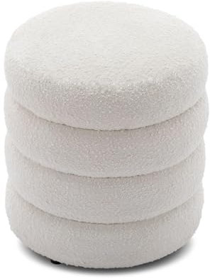 Moderner Woll-Pouf, Fußstütze, weicher Plüsch, Ottomane, Hocker für Wohnzimmer, Schlafzimmer, Eingangsbereich, rund, gepolstert, 35 x 40 cm, Weiß