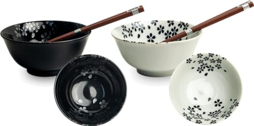 Japan-skålar ASIATICA – porslinsskål-set Kawaii katt svart & vit | 2 skålar Ø 15 cm, höjd 7 cm | med ätpinnar och presentförpackning | Tillverkad i Japan | Ramen, ris, Miso, Donburi (körsbärsblomma