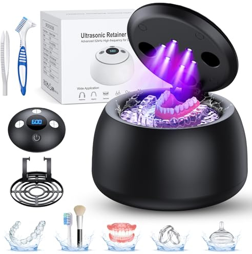 TEBAL Ultrasonic Retainer Cleaner Machine, 52kHz Ultrasonic Denture Cleaner for Night Guards, Braces, Aligner, Toothbrush, Jewelry and More, Dental Cleaning Pod with Digital Timer & 250ML, Black