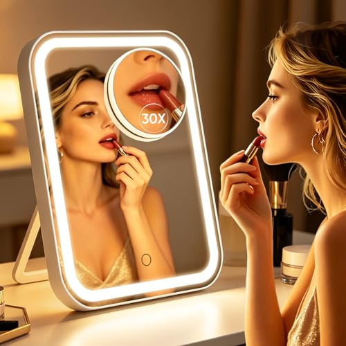Famihomii 4500mah 30X Hollywood Spiegel Schminkspiegel mit Beleuchtung | Aufladbarer Schminktisch Spiegel mit 96 Led Leuchten, Tischspiegel mit Dreifarbiges Licht & Stufenloser Dimmung