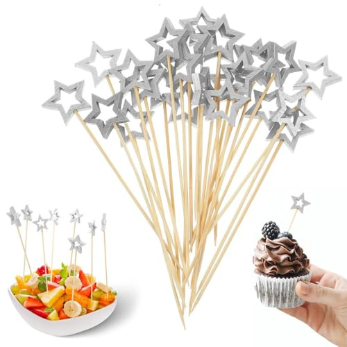 50 PCS Palillos para Aperitivos de Estrellas, Palillos de Dientes de Madera con Estrella Plateada, Decoraciones de Cócteles para la Fiesta del Día de Navidad Ramadán Eid