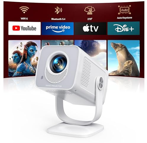 Mini-Projector with WiFi6 and Two-Way Bluetooth5.4, 1080P 4K Support, [Built-in Apps & 2026 Android 14] Portable Outdoor Movie Proyector for Bedroom, Auto Keystone & 270° Rotation for Phone/HDMI/USB