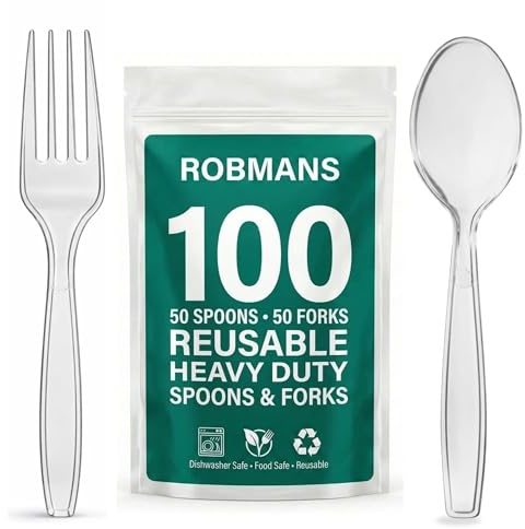 100 Pack Clear Reusable Cutlery Set – 50 Forks & 50 Spoons – Heavy Duty Reusable Party Cutlery for Buffets, BBQs, Picnics, Weddings & Outdoor Events – Dishwasher Safe