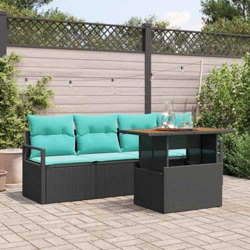 mzdioop Garten-Sofa-Set 5-teilig mit Kissen schwarz und blau aus Polyrattan, wetterfestes Lounge-Set für Terrasse und Balkon mit Stauraum, komfortable Sitzmöbel für Outdoor und Wintergarten