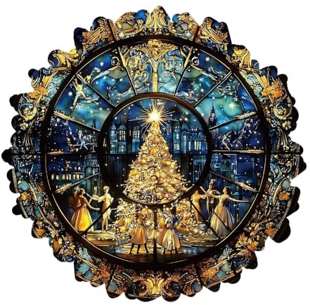 Round Wooden Irregular Stained Glass Christmas Town Jigsaw Puzzle Multifunctional Piggy Bank Money Saving Box Holiday Decor Gift for Adults Family