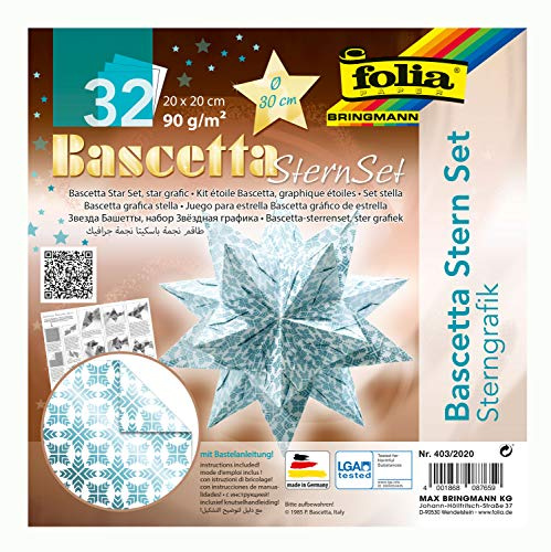 folia 403/2020 - Bastelset Bascetta Stern Sterngrafik weiß/eisblau, 32 Blatt, 20 x 20 cm, fertige Größe des Papiersterns ca. 30 cm, mit ausführlicher Anleitung - ideal zur zeitlosen Dekoration