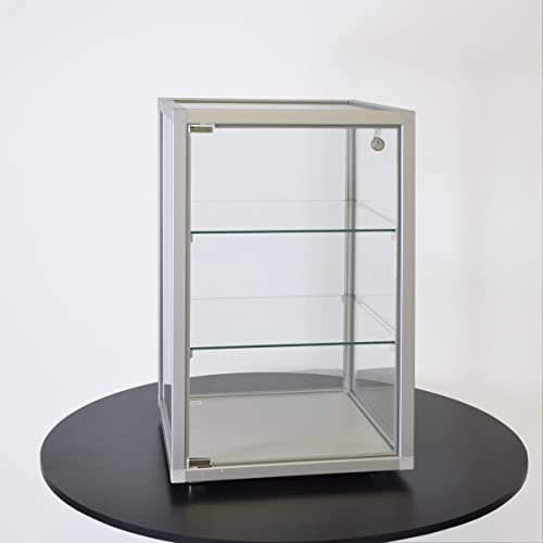 MHN Schmuckvitrine 41,5x41,5x63,5 cm – LED beleuchtete Aufsatz-Vitrine, abschließbar, mit Schloss – Sicherheitsglas, Alurahmen – Ideal für Schmuck, Uhren, Modelle, Ausstellungen