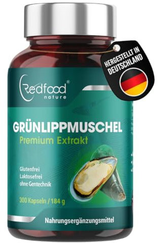 GRÜNLIPPMUSCHEL PREMIUM KAPSELN 1500 MG GRÜNLIPPMUSCHELPULVER PRO PORTION HOCHDOSIERT XXL DOSE 300 KAPSELN 5-3 MONATSVORRAT OHNE MAGNESIUMSTEARATE MADE IN GERMANY VON REDFOOD