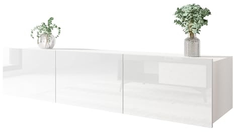 Mirjan24 TV-Lowboard Calabrini 150 BR04 mit Hängeschrank (Weiß Hochglanz) | Griffloser Fernsehtisch mit 3 Innenfächern, silbernen Füßen und Wandmontage-Option für ein modernes Wohnzimmer