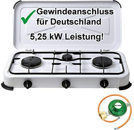 Bluecraft Gaskocher 3-flammig, 5,25 kW, Campingkocher mit Schlauch & Regler | Gasherd für Gasflasche 50 mbar, mit 100 cm Gasschlauch und Gasregler, für Outdoor Küche, Garten, Wohnmobil & Boot