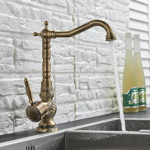 Rétro Sculpté Robinet D'évier de Cuisine,Cuisine Familiale Moderne et Salle de Bains, Robinet Mitigeur Cuivre Antique de à Levier Lavabo Robinets de Lavabo Avec Bec Pivotant