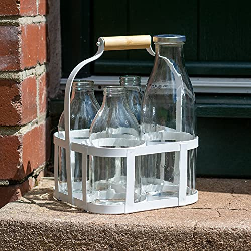 CKB LTD Milchflaschenhalter, pulverbeschichteter Stahldraht, Metall, hält 4 Milchflaschen, Türschwellenträgerbox, traditionell, 26,5 x 19,5 x 19,5 cm, Weiß