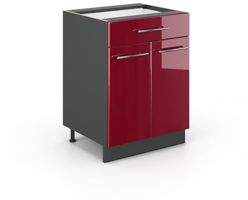 Vicco Küchenunterschrank Fame-Line, Bordeaux Hochglanz, 60 cm | MDF-Front · Ohne Arbeitsplatte · Höhenverstellbare Füße · Metallgriffe · Soft-Close