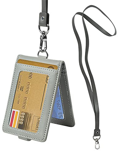 smatime ID-kortshållare PU-läder ID-korthållare 2-sidig kortfodral namnskylt bricka avtagbar nyckelband smal kreditkortshållare för företag utställning kontor elever, grå