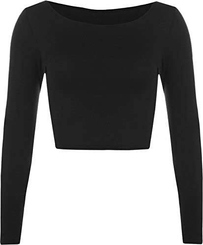 Womens Crop Long Sleeve T Shirt Ladies Short Plain Round Neck Top Ladies Fitness Workout Running T Shirts Plain Cropped Tops (Black UK 8-10)