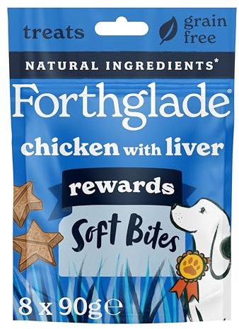 Forthglade Natural Dog Treats (8 x 90g Bags) - Hypoallergenic & Grain Free Dog Training Treats with Chicken and Liver, Baked Soft Bite Rewards, Resealable Bags