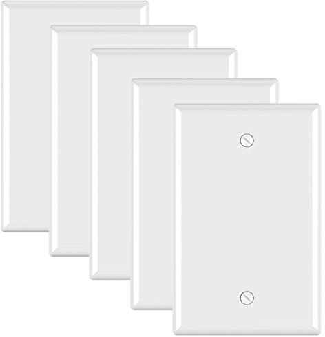 ELEGRP 1-Gang Blank Device Wall Plates, Mid-Size 4.88 H x 3.13 L Unbreakable Thermoplastic Blank Faceplate Cover for Unused Outlets/Switches, UL Listed (5 Pack, Glossy White)