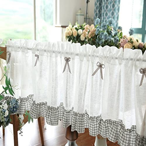 A.Monamour Gardine Scheibengardinen Kurzstores Transparenter Voile-Vorhang Mit Grau Kariert Rüschen Schleife Kurzvorhang Kurzgardinen Küchengardine Küche Vorhang Fenster Kurz Stores Bistrogardine