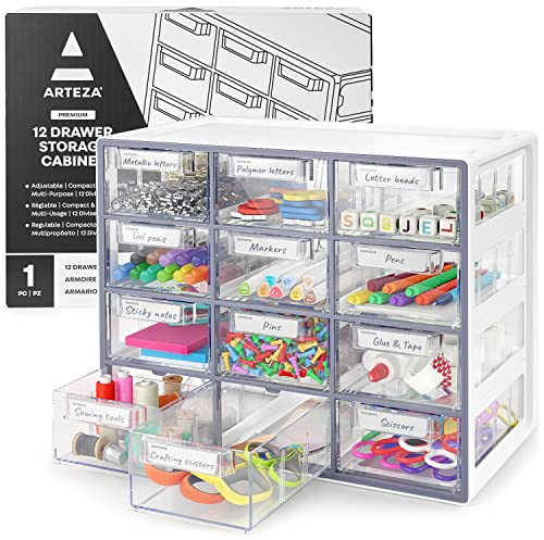 ARTEZA Schreibtisch-Schubladen-Organizer, Mehrzweckschrank mit 12 Schubladen für Make-up-Aufbewahrung, Werkzeuge und Kunstbedarf, 23,4 x 41,2 x 32,5 cm