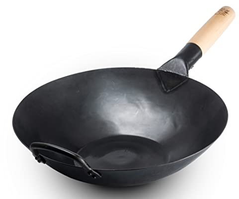 Craft Wok Black13 Wok piatto pre-stagione Wok in acciaio a carbone martellato con manico in legno e aiutante in acciaio (13 pollici, fondo piatto)