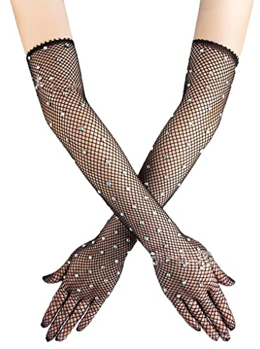 Faxianther Women Shiny Rhinestone Fishnet Long Gloves - Stage, TV Show, Dance, Cosplay, Halloween, Carnival, Club, Party Dress-Up Full Finger Net Gloves Accessory