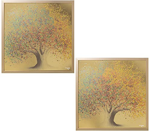 DRW Set mit 2 quadratischen Holzbildern mit Bäumen mit goldenen Tropfen, 60 x 60 cm, Mehrfarbig, estandar