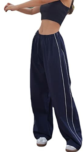 XPONNI Pantalon de Parachute Baggy Y2K pour Femme, Bleu Marine, Taille M