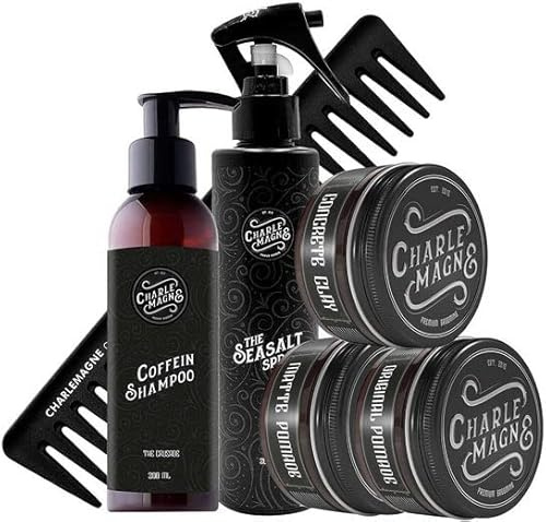 Charlemagne Haarwachs-Set für Männer - 6-teilig, Inklusive Carbon-Kamm & Sea Salt Spray - Koffein Shampoo, Concrete Clay, Original Pomade & Matte Pomade - Hair Bundle Männer Styling