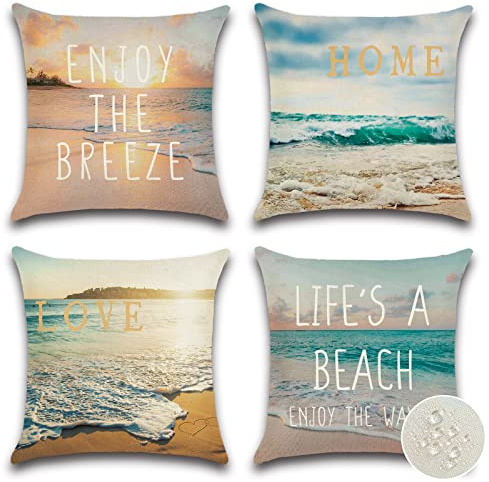 Ohok Wasserdicht Kissenbezug 45x45 cm, 4er Set Dekorativ Outdoor Kissenhülle Deko Sofakissen Couchkissen Zierkissenbezüge für Sofa Wohnzimmer Balkon Garten Auto (Strand)