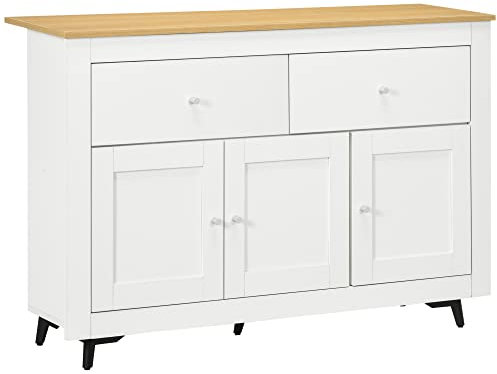 HOMCOM Aparador de Cocina Mueble Auxiliar de Cocina Mueble de TV con 2 Cajones 3 Puertas y Estante Ajustable para Comedor Salón 117x35x80 cm Blanco