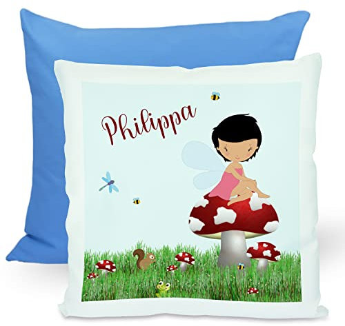 CreaDesign, Kinder Kissen 40x40 cm personalisiert mit Namen, Kinderzimmer Deko Kissen Kinder mit Füllung Federn, Motiv Frosch, Rückenfarbe Blau