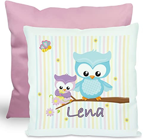 CreaDesign, Kinder Kissen 40x40 cm personalisiert mit Namen, Kinderzimmer Deko Kissen Kinder mit Füllung Federn, Motiv Eule, Rückenfarbe Rosa