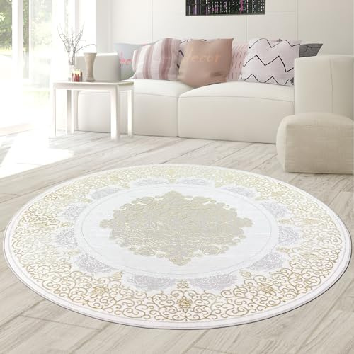 Teppich-Traum stor rund matta till vardagsrum eller sovrum. Matta med kort lugg, orientalisk, elegant dekoration, glänsande effekt, slingrande, kräm/guld, 200 cm